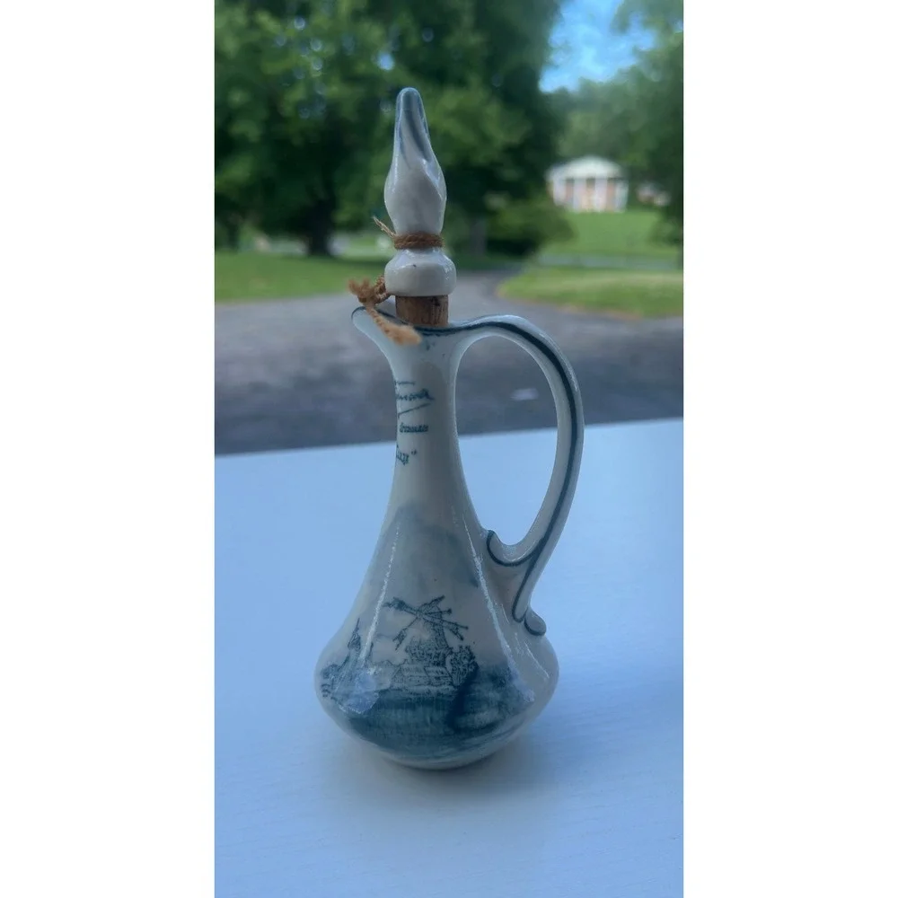 Bols Gin Decanter Vintage Blue White Ceramic Windmill Delft Style Miniature 7.5